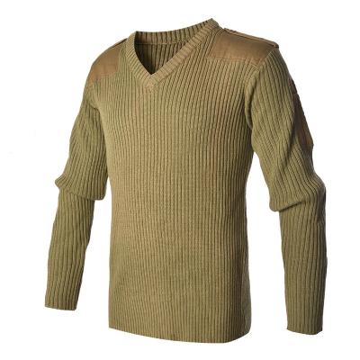 Пуловер цвета хаки из шерсти в стиле милитари с V-образным вырезом, мужской свитер